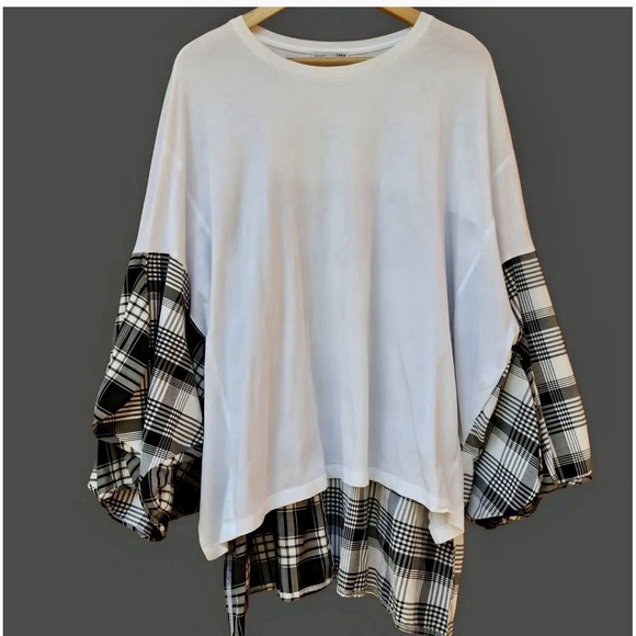 Zara Contrast Top With Full Sleeve Shirt Woman M White/Gray Plaid Oversize Tunic - Picture 1 of 14